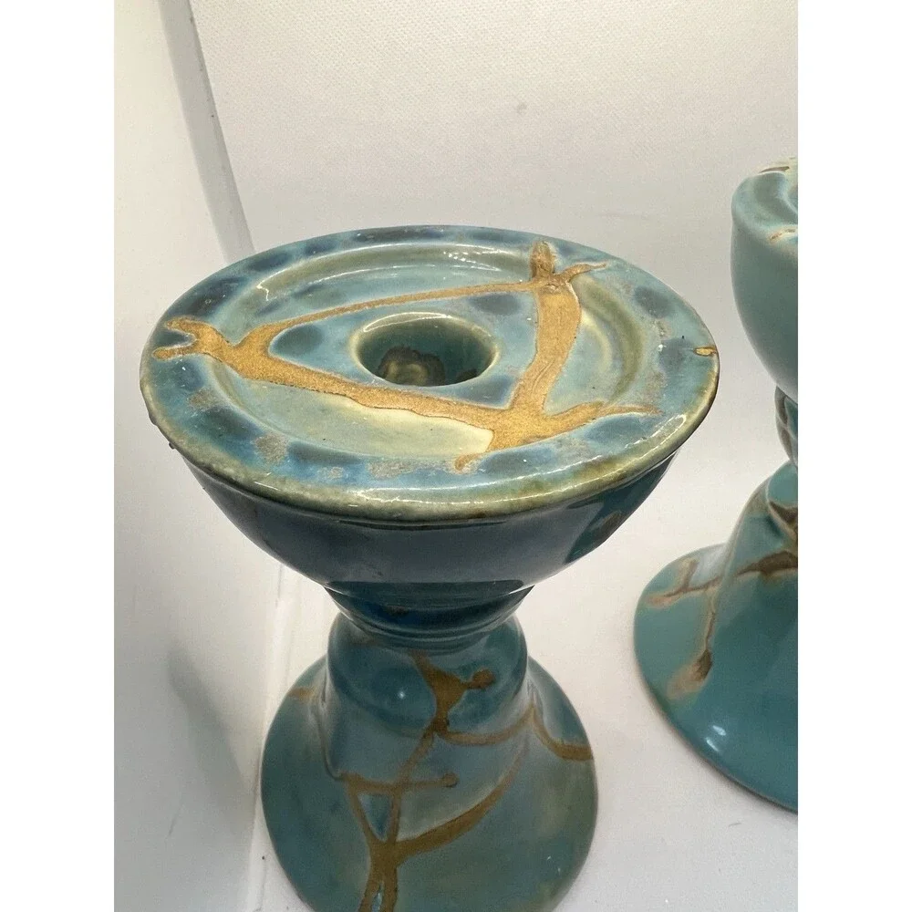2 Raku Candle Holder Z Gallerie Pillar Taper  Turquoise Blue teal brown 8